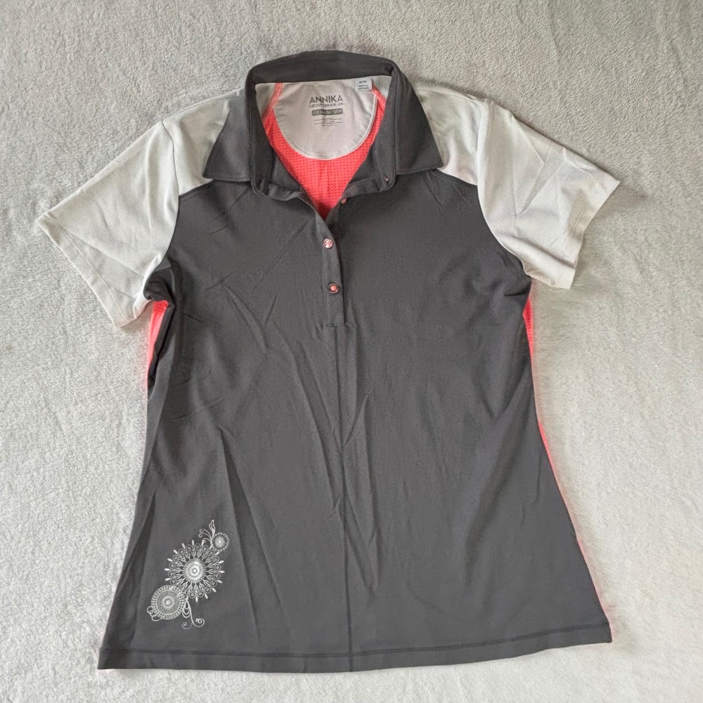 Annika Cutter & Buck Womens Golf Polo Shirt Gray Coral CB DryTec UPF 50 Medium